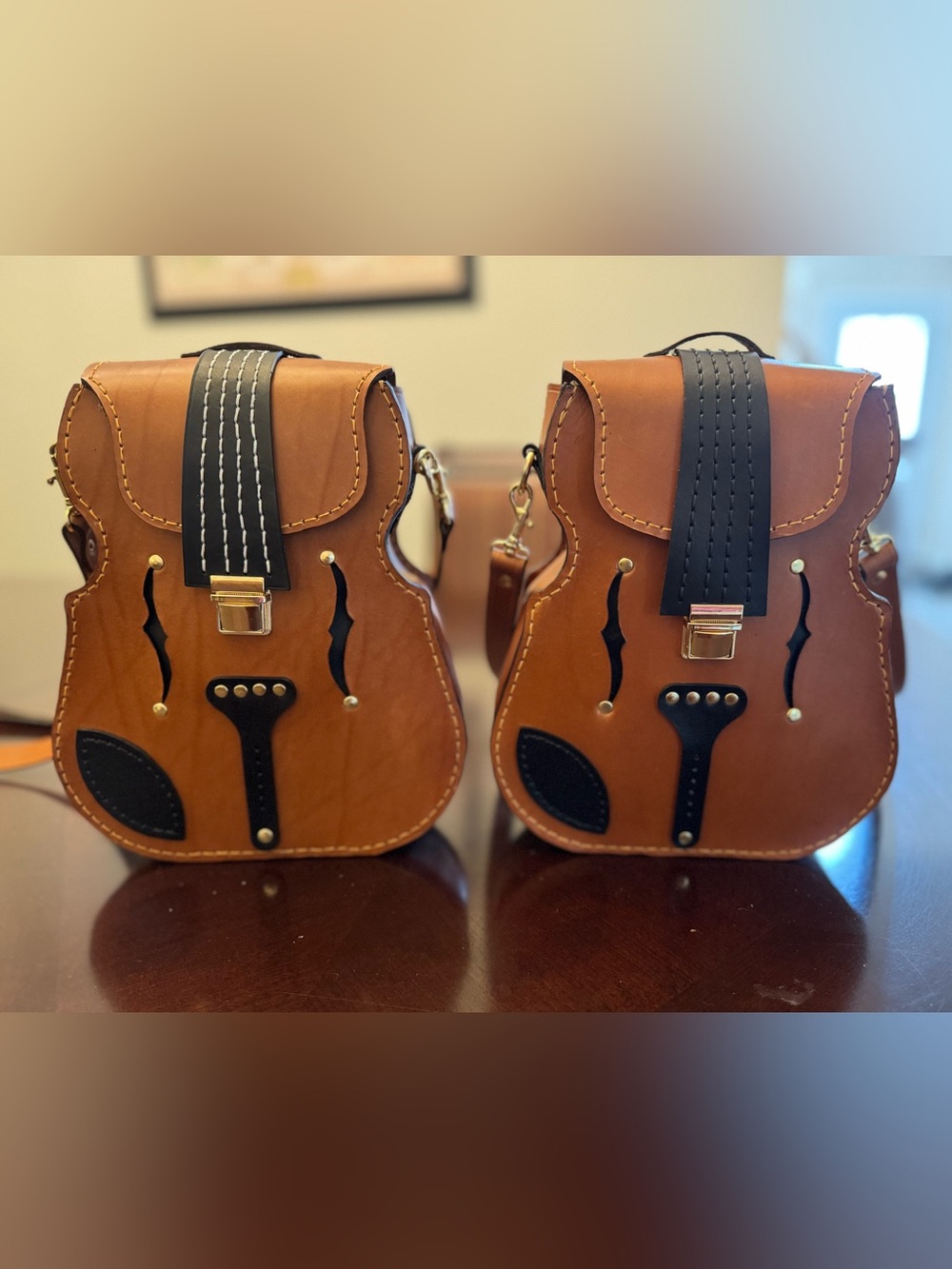 Violin-Shaped Brown Real Leather Crossbody Bag -2 Sizes Available